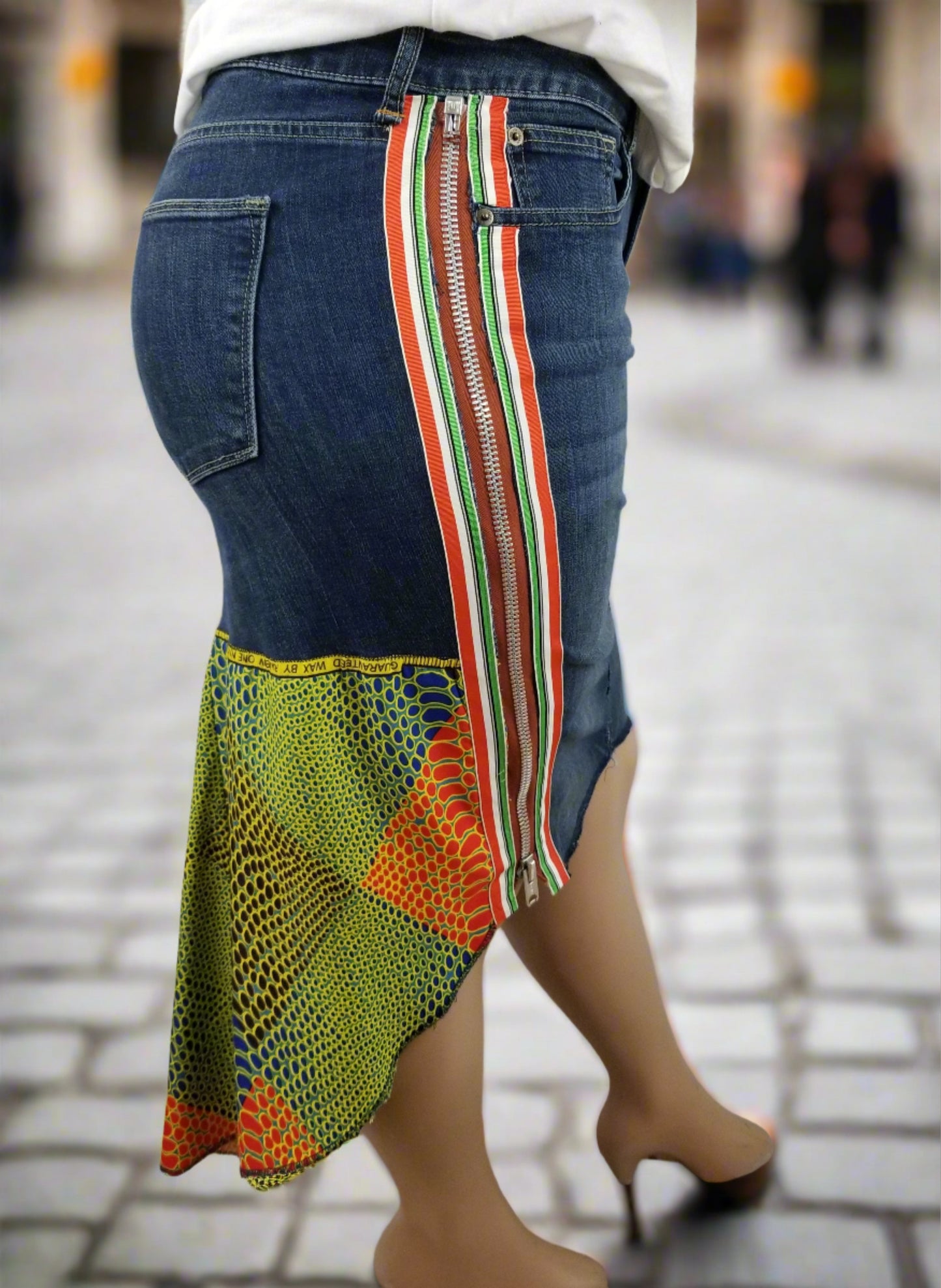 Upcycled jean skirt _ Plus size 18_Leather Ankh & Ankara, blue denim Hi-Lo jean skirt - One-Of-A-Kind