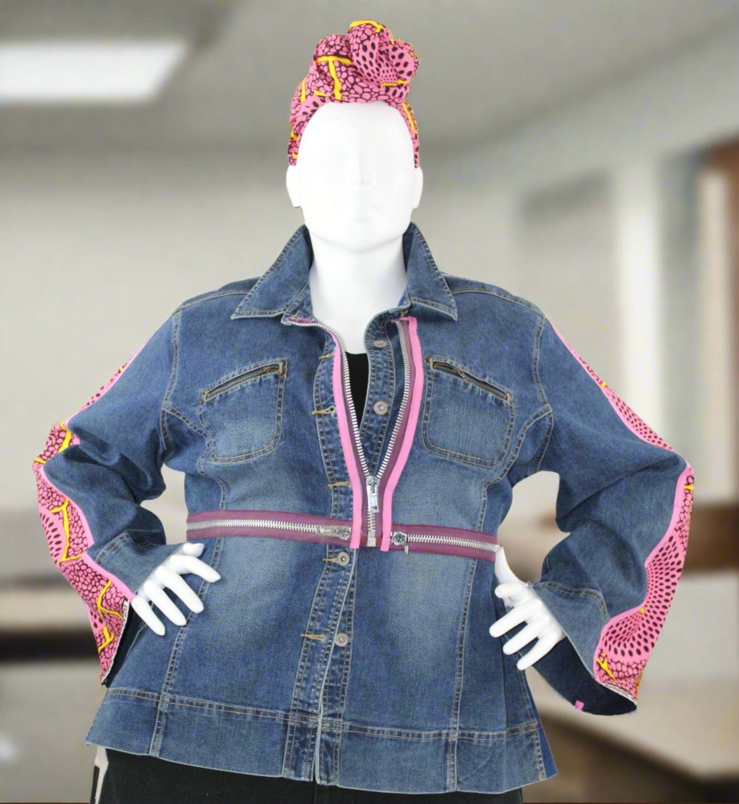 Upcycled Ashley Stewart jean jacket 22 Plus Pink Leather Ankh applique & Ankara One-Of-A-Kind Africa Diaspora