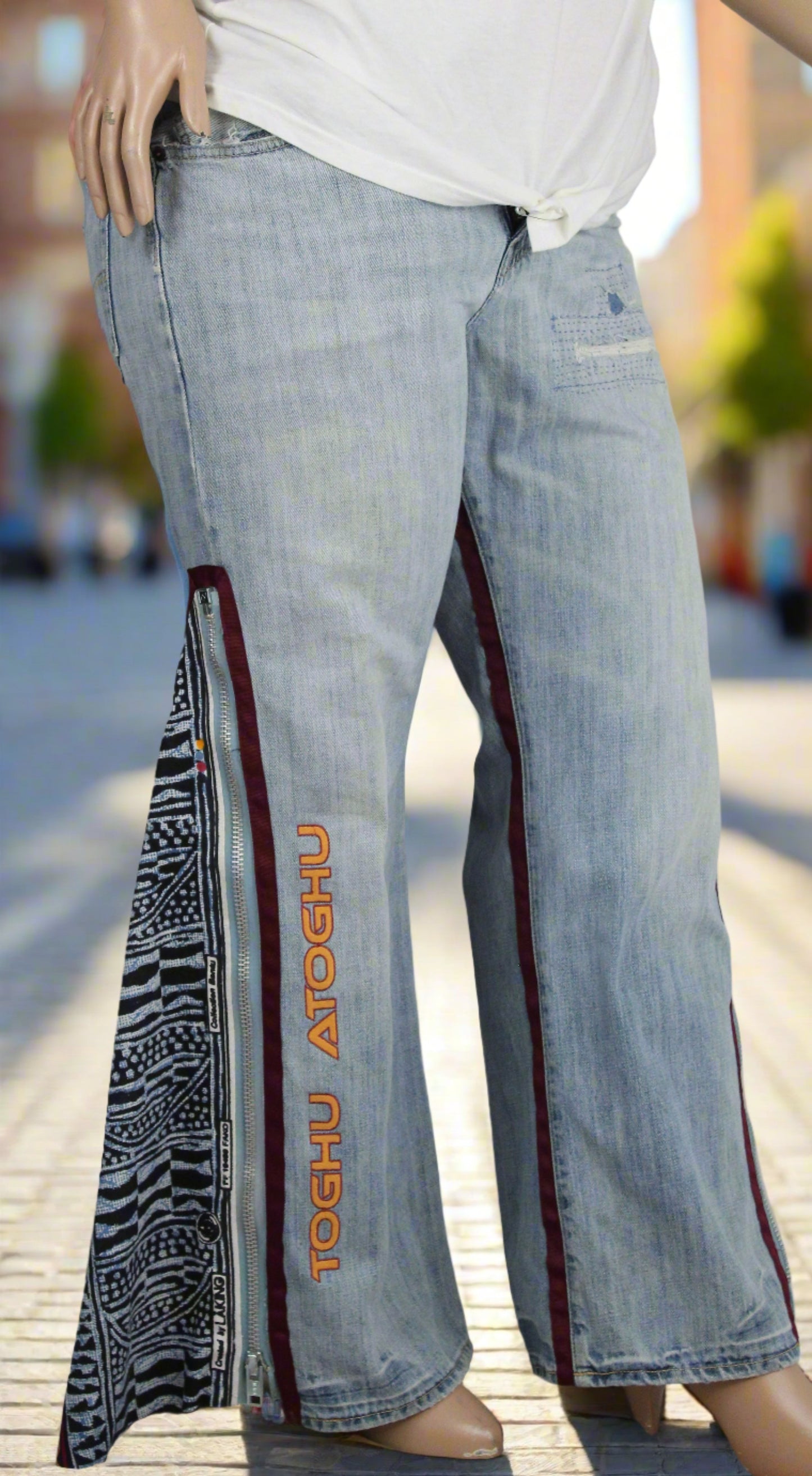 Upcycled American Eagle jeans 38 / 16 Plus Unisex embroidered Cameroon Atoghu Togh & Ankara One-Of-A-Kind African Diaspora