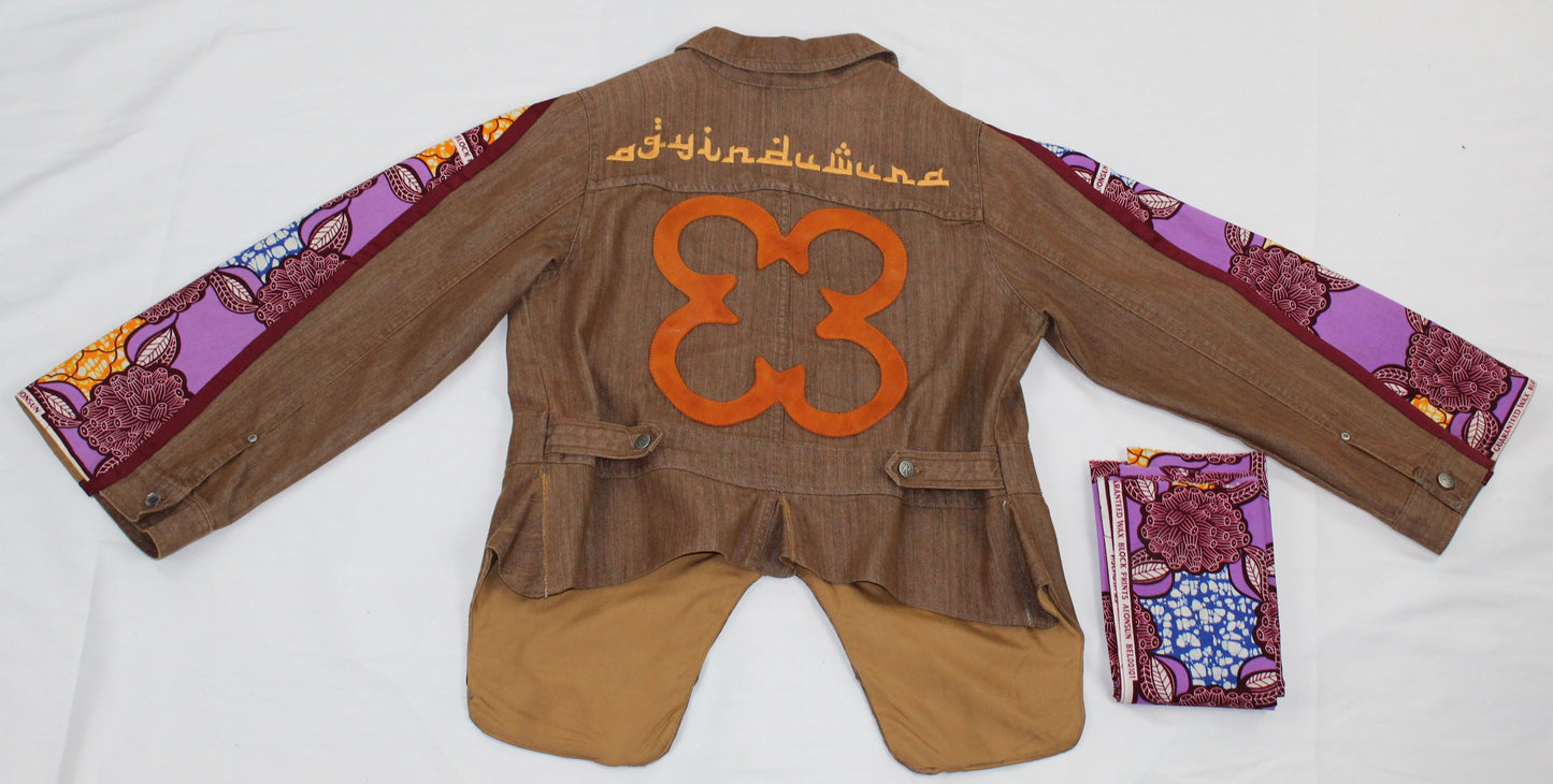 Upcycled jean jacket 12W Leather Applique Agyinduwura symbol & Ankara brown denim  One-Of-A-Kind African Diaspora