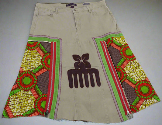 Upcycled Gloria Vanderbilt jeans 20W Plus tp jean skirt Nserewa Duafe Leather Applique & Ankara One-Of-A-Kind African Diaspora
