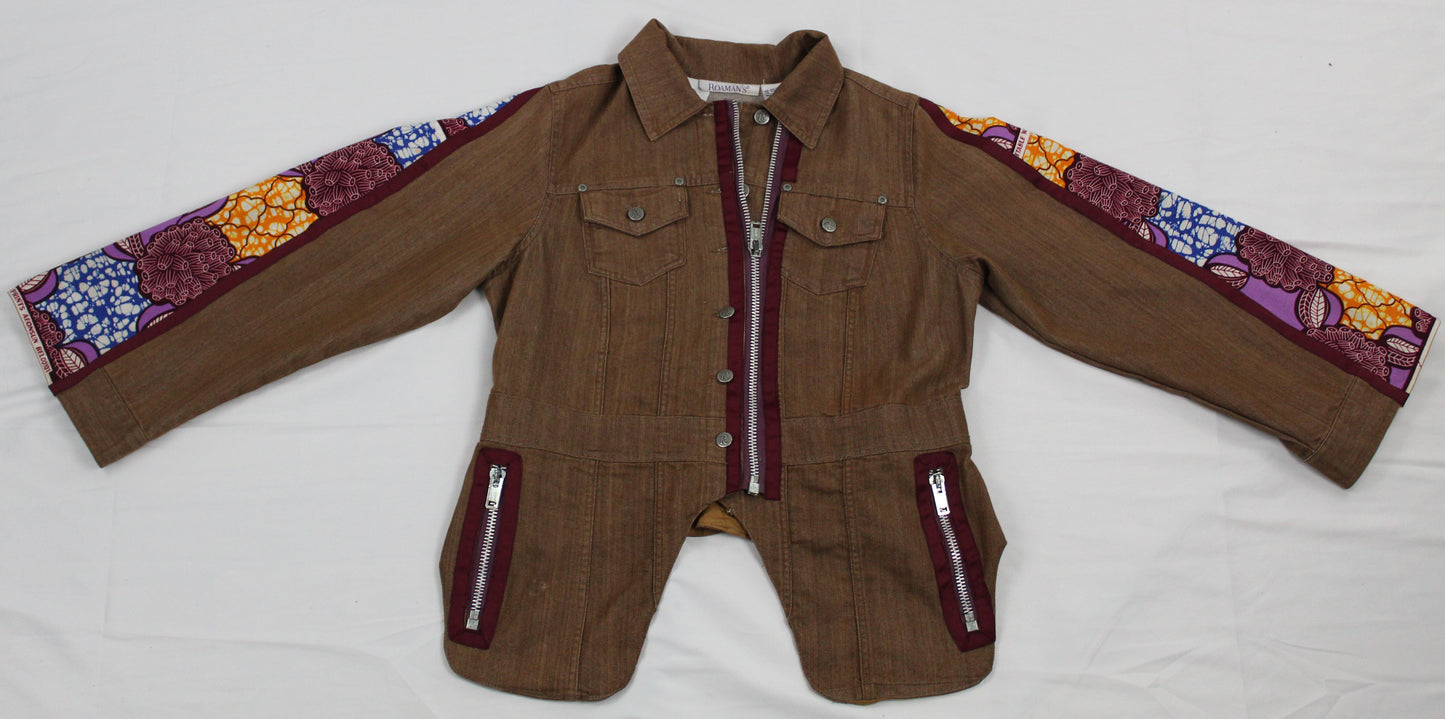 Upcycled jean jacket 12W Leather Applique Agyinduwura symbol & Ankara brown denim  One-Of-A-Kind African Diaspora