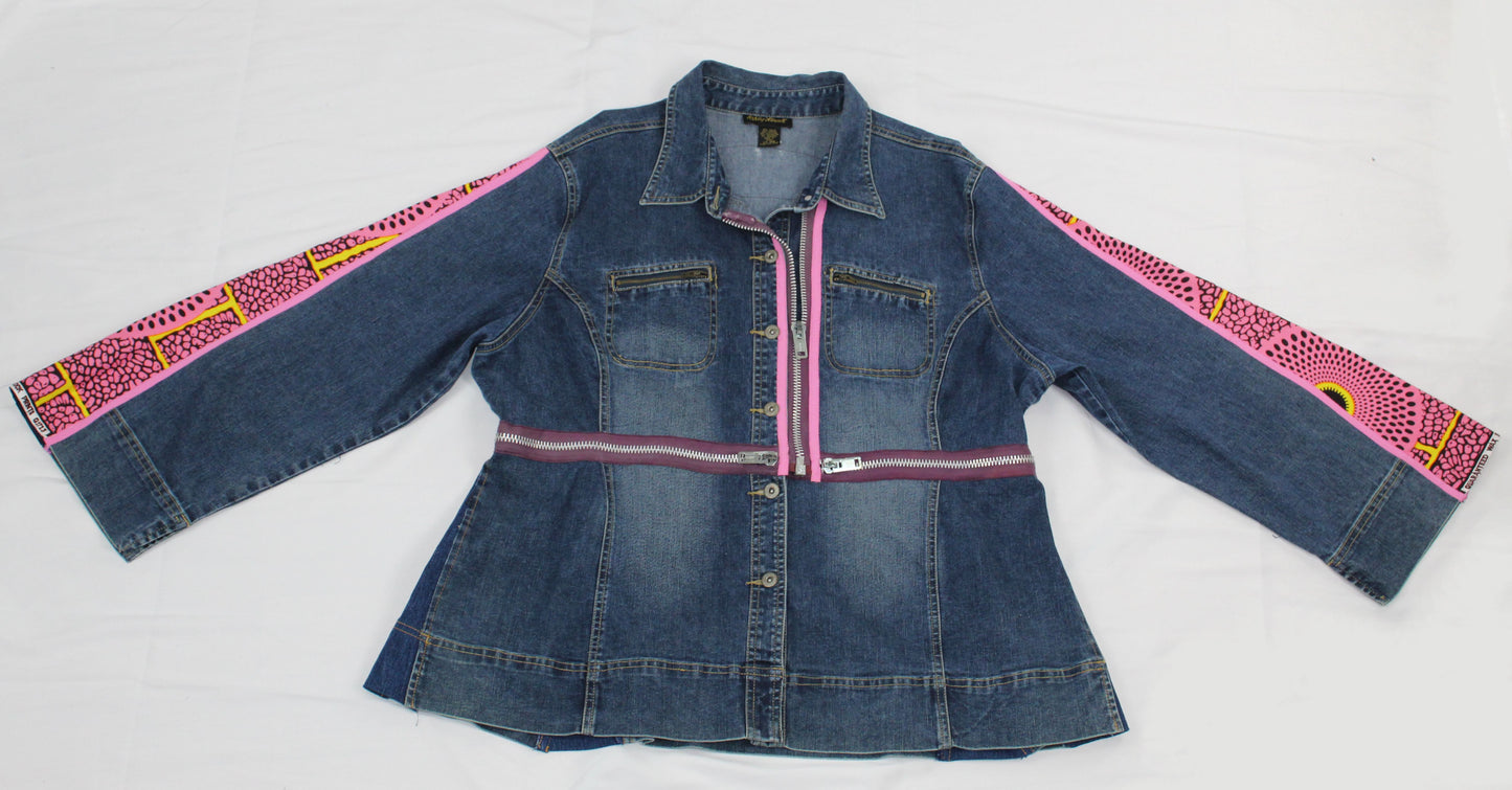 Upcycled Ashley Stewart jean jacket 22 Plus Pink Leather Ankh applique & Ankara One-Of-A-Kind Africa Diaspora