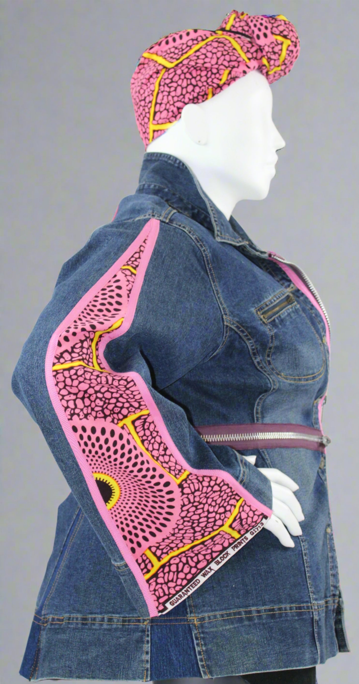 Upcycled Ashley Stewart jean jacket 22 Plus Pink Leather Ankh applique & Ankara One-Of-A-Kind Africa Diaspora