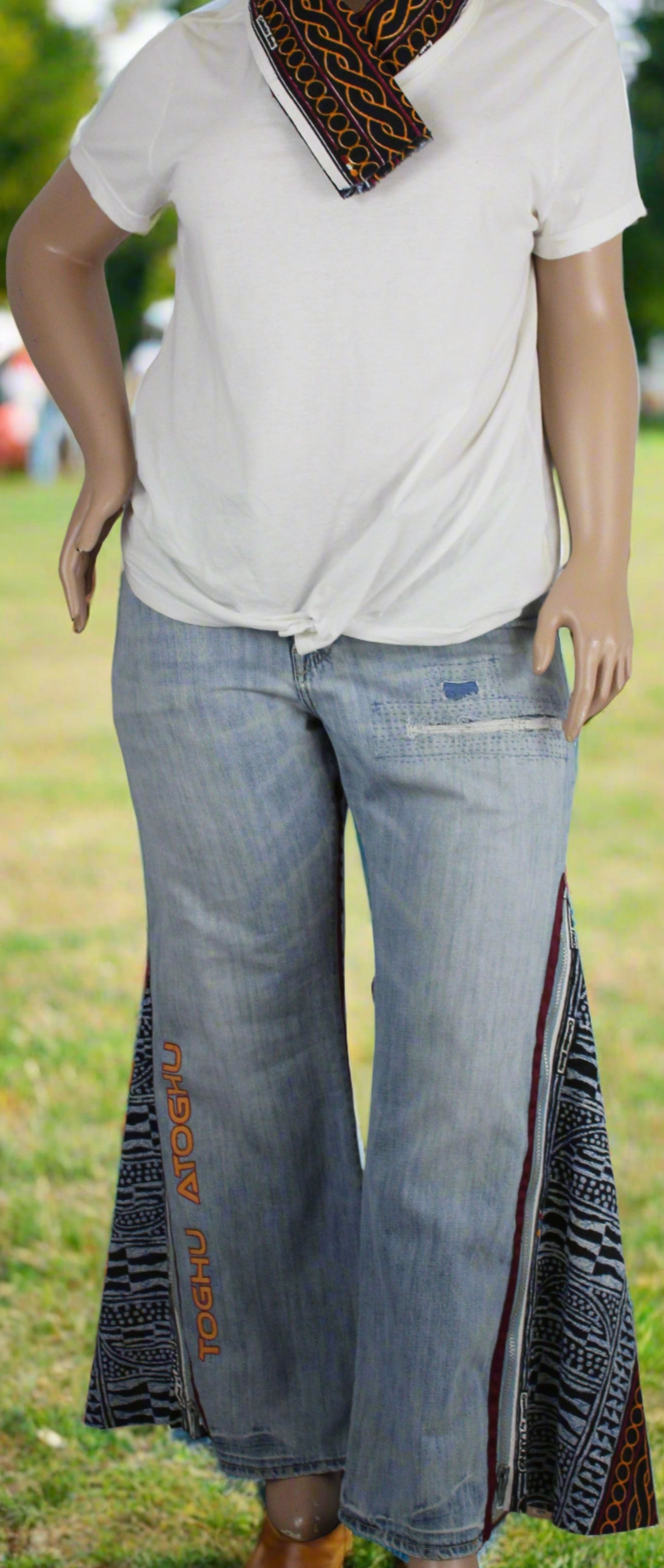 Upcycled American Eagle jeans 38 / 16 Plus Unisex embroidered Cameroon Atoghu Togh & Ankara One-Of-A-Kind African Diaspora
