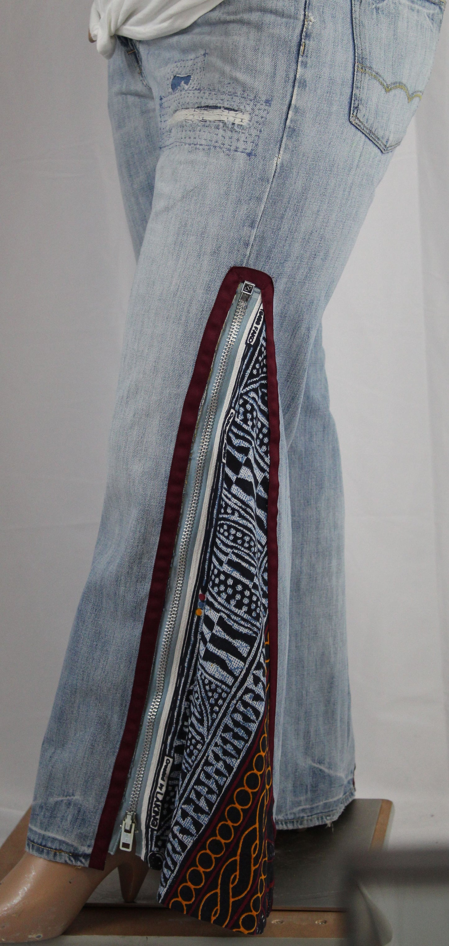 Upcycled American Eagle jeans 38 / 16 Plus Unisex embroidered Cameroon Atoghu Togh & Ankara One-Of-A-Kind African Diaspora