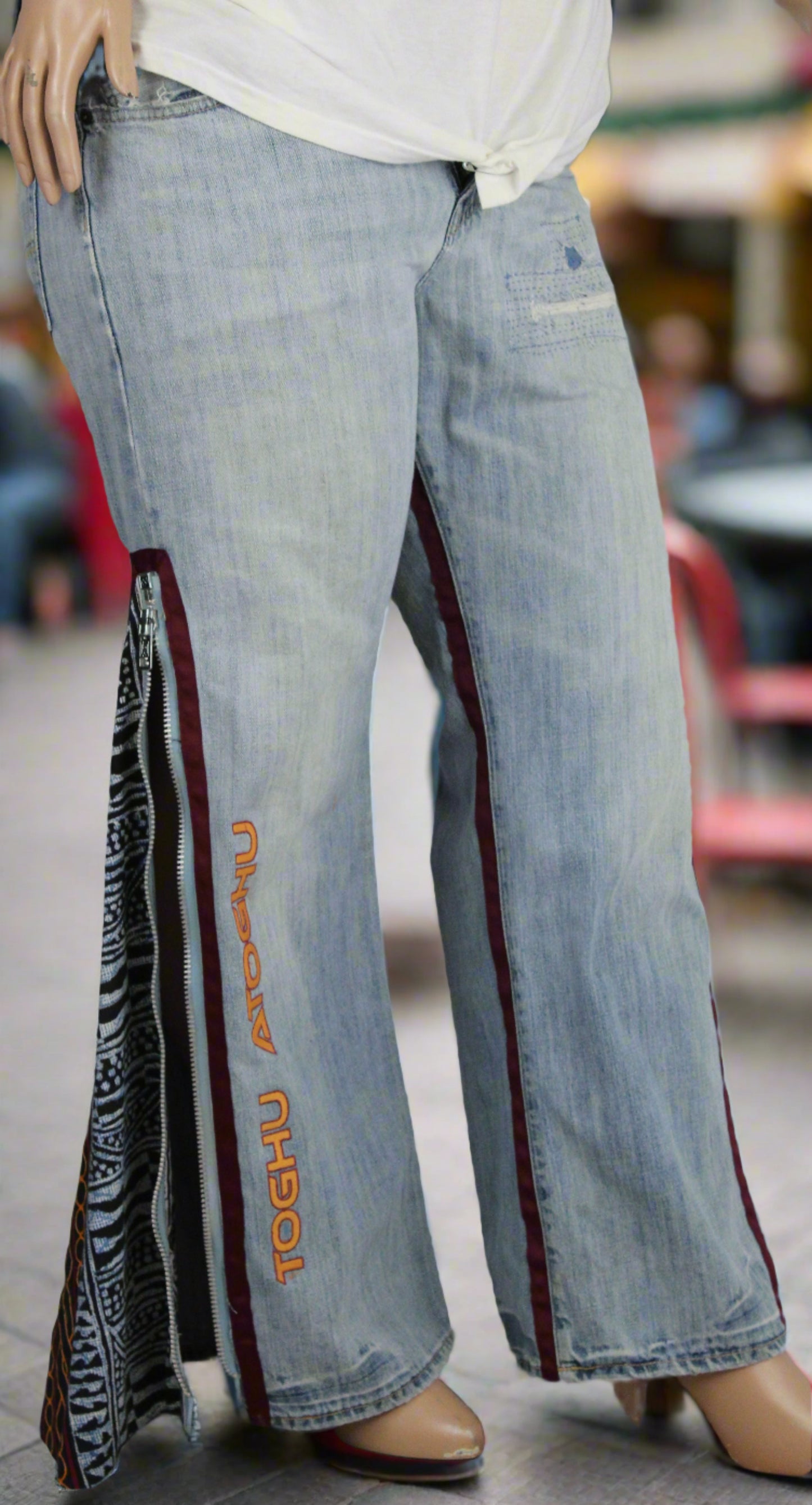 Upcycled American Eagle jeans 38 / 16 Plus Unisex embroidered Cameroon Atoghu Togh & Ankara One-Of-A-Kind African Diaspora