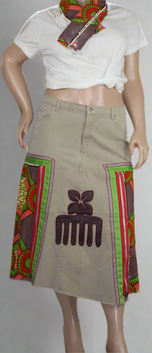 Upcycled Gloria Vanderbilt jeans 20W Plus tp jean skirt Nserewa Duafe Leather Applique & Ankara One-Of-A-Kind African Diaspora