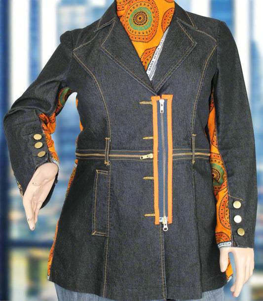 Upcycled BisouBisou jean jacket 16 Plus Leather Ankh applique & Ankara Mama Africa One-Of-A-Kind African Diaspora