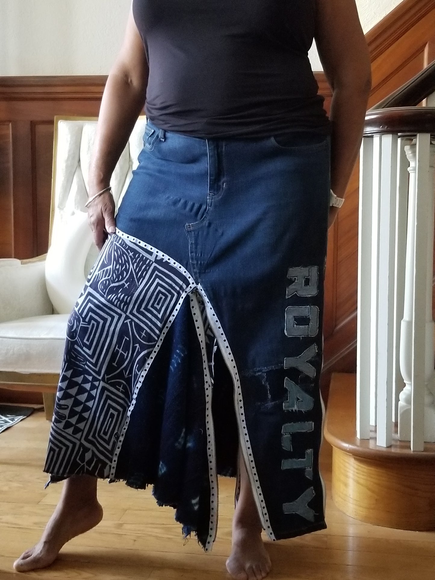 Upcycled  maxi jean skirt _ Royalty Mud Cloth & Ankara _ blue denim _ One-Of-A-Kind _ Plus size 16/18