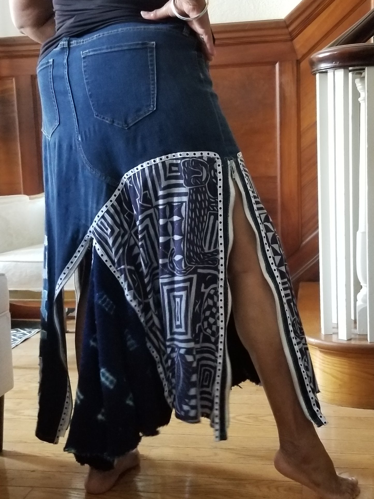 Upcycled  maxi jean skirt _ Royalty Mud Cloth & Ankara _ blue denim _ One-Of-A-Kind _ Plus size 16/18