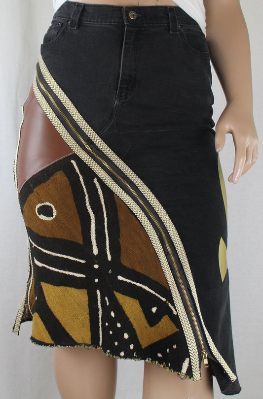Upcycled Lee jeans 14 Plus to jean skirt Mud Cloth Leather & Gold Ankh applique black denim One-Of-A-Kind African Diaspora