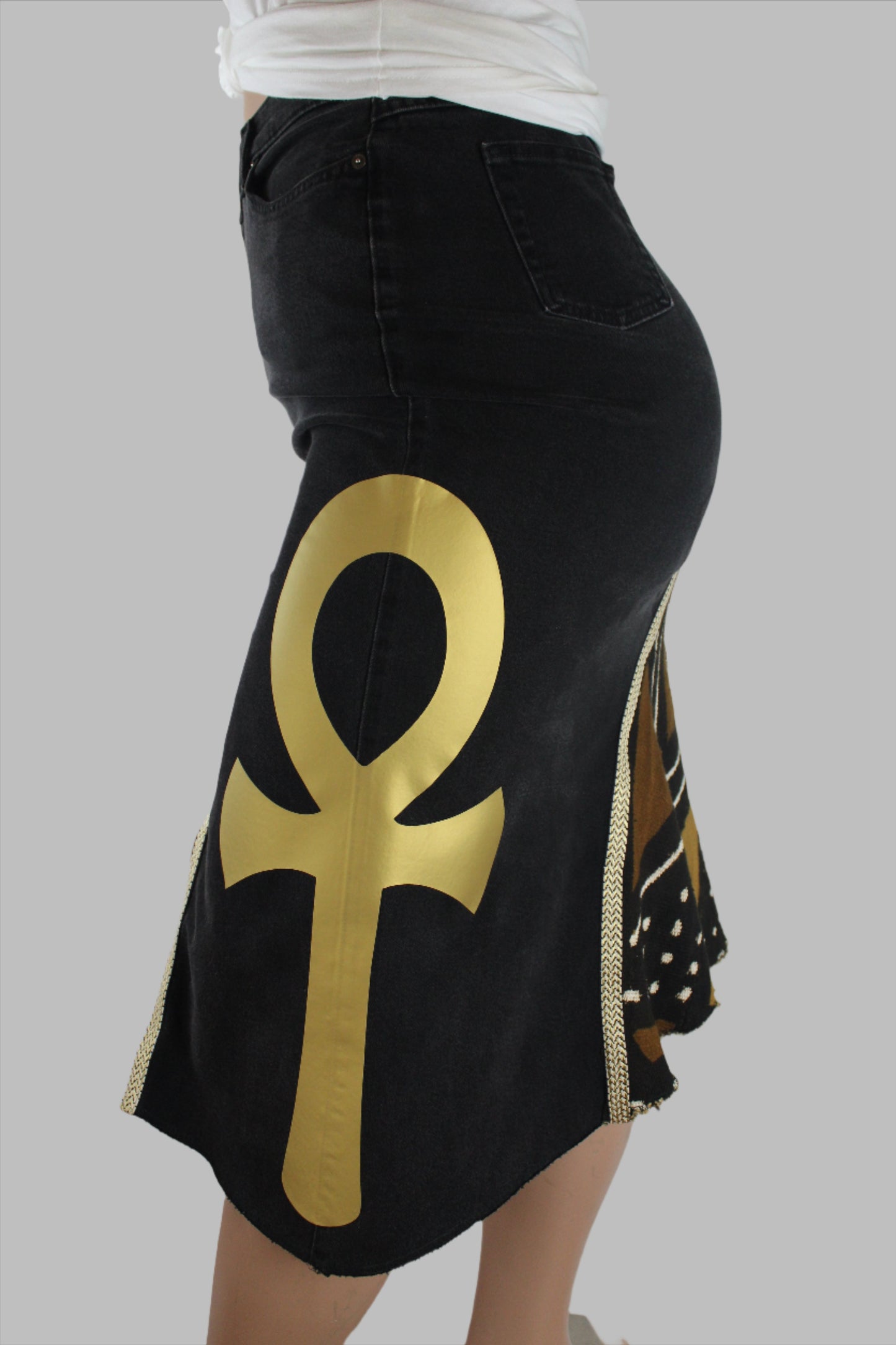 Upcycled jean skirt _ Plus size 14_Mud Cloth, Leather & Gold Ankh _  One-Of-A-Kind _  black denim