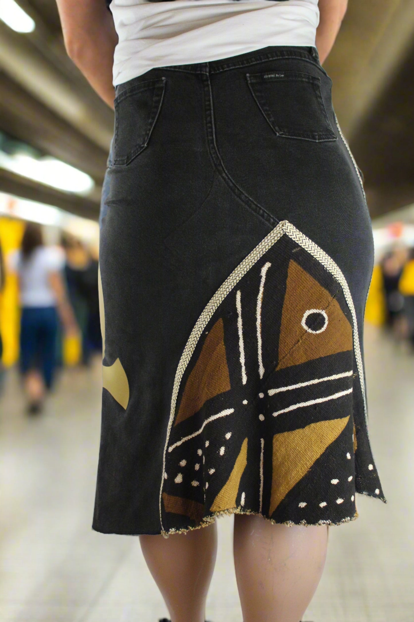 Upcycled jean skirt _ Plus size 14_Mud Cloth, Leather & Gold Ankh _  One-Of-A-Kind _  black denim