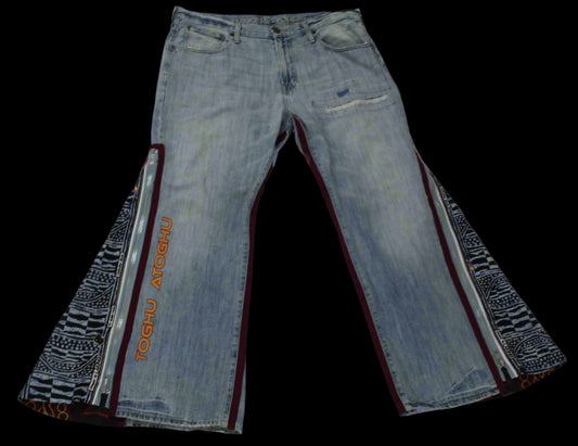 Upcycled American Eagle jeans 38 / 16 Plus Unisex embroidered Cameroon Atoghu Togh & Ankara One-Of-A-Kind African Diaspora