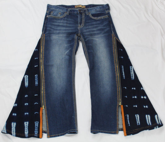 Upcycled Seven 7 jeans 34 / 12 Plus Unisex Indigo Mud Cloth & Leather Trim denim blue One-Of-A-Kind Africa Diaspora